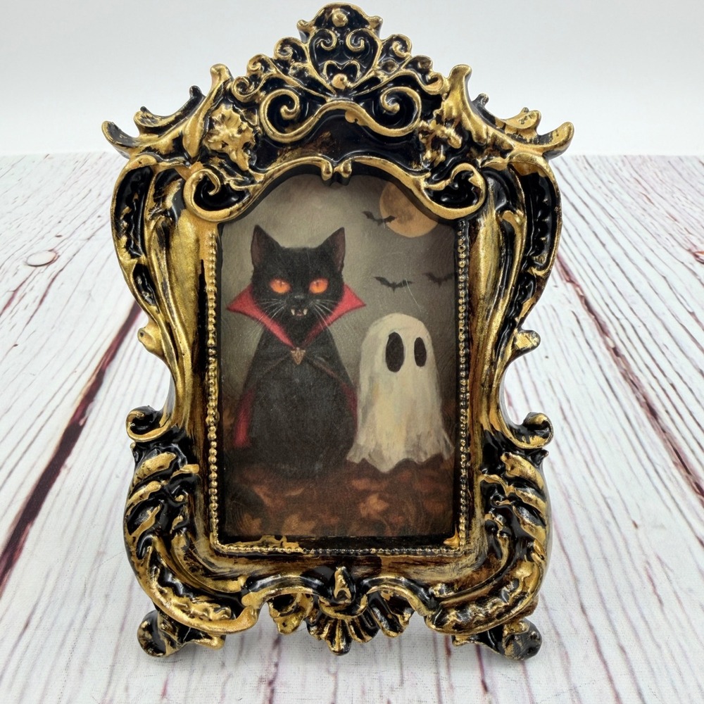 Handmade Halloween Vampire Black Cat Ghost Ornate Gold Black Resin Frame